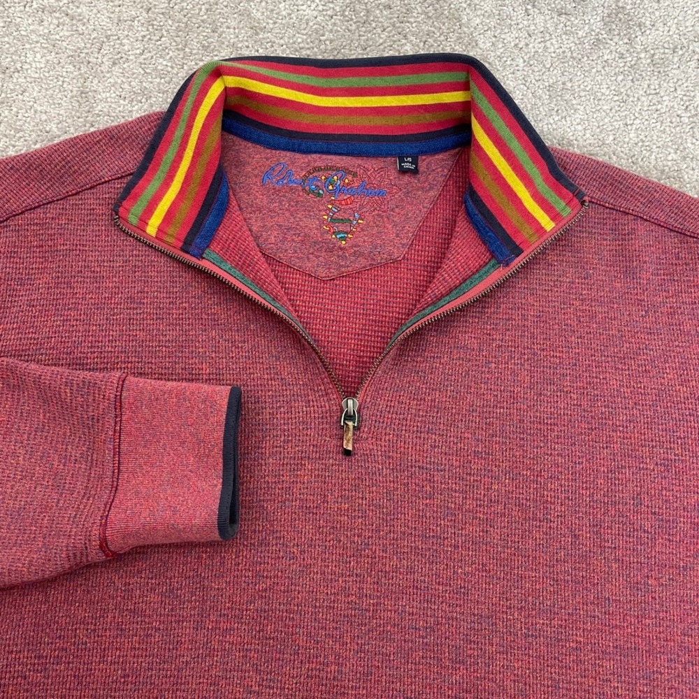 Robert Graham 1/4 Pullover Mens Large Waffle Knit Sweater Cotton Autumn Red